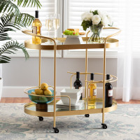 Baxton Studio JY20A268-Gold-Cart Baxton Studio Kamal Modern and Contemporary Glam Brushed Gold Finished Metal and Mirrored Glass 2-Tier Mobile Wine Bar Cart